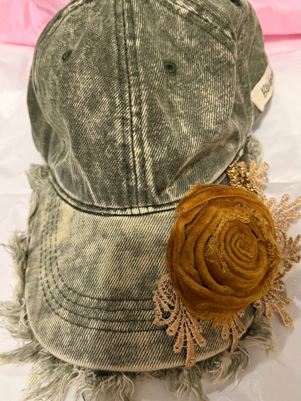 Washed Gray Denim Baseball Cap with Mustard Floral Accent
